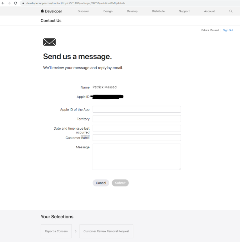 Email submission form for reporting reviews in the Apple system